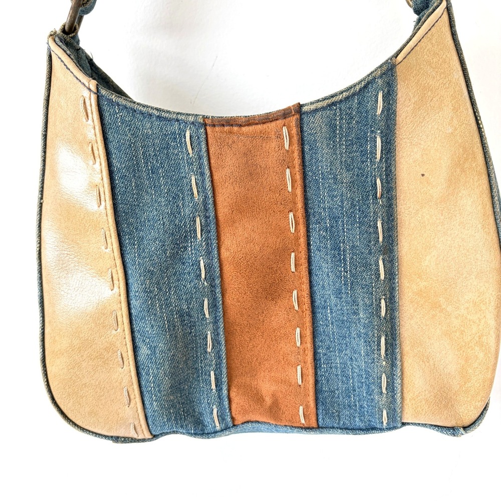 Vintage Patchwork Denim Suede Leather Hobo Shoulder Bag Brown Blue Y2K Boho